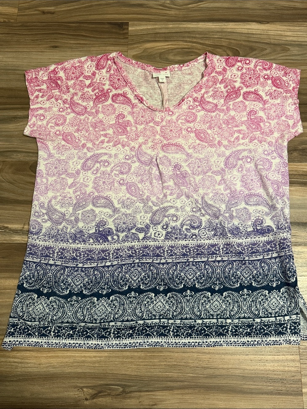 J.Jill Love Linen Purple Pink Ombré Paisley Print Beachy Boho Short Sleeve Sz XL